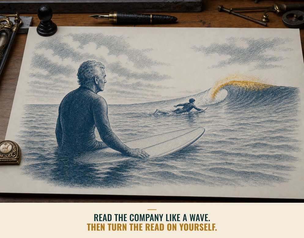 Illustration: An older surfer sitting on his board in calm water watching a younger surfer paddle into a breaking gold-crested wave, captioned Read the company like a wave. Then turn the read on yourself.