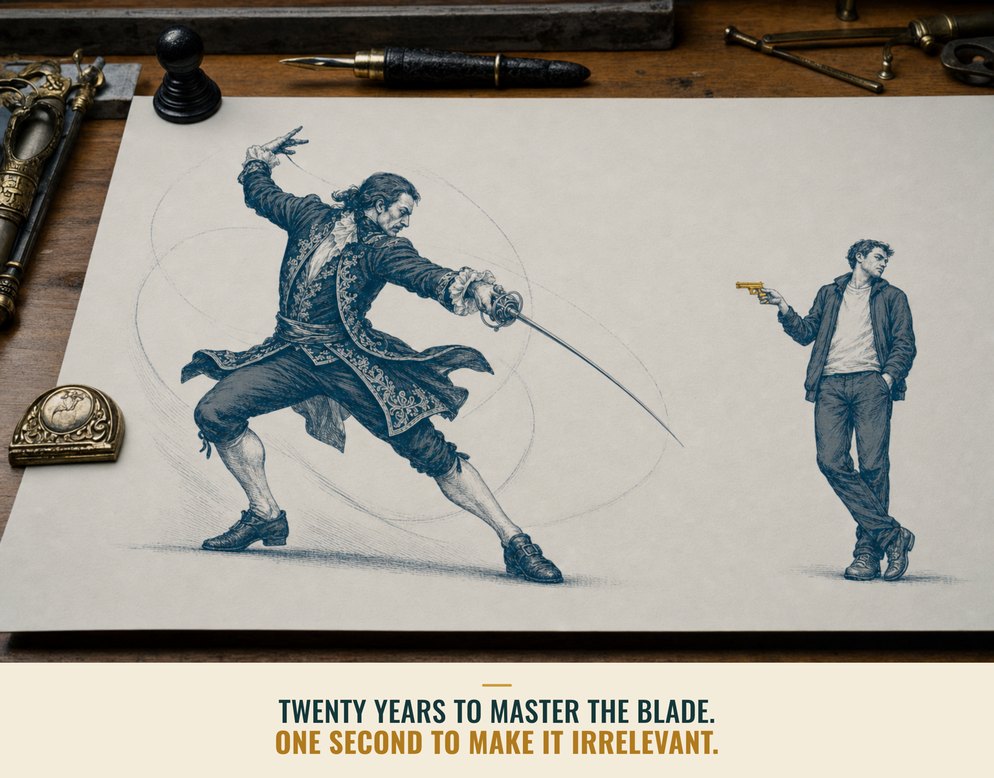 Illustration: An ornately dressed swordsman lunging with a rapier at a casually dressed young man who calmly points a gold pistol at him, captioned Twenty years to master the blade. One second to make it irrelevant.
