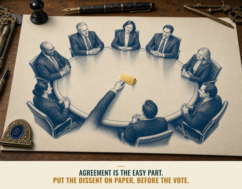 Illustration: Nine smiling board members seated around an oval table as one member's outstretched hand pushes a folded gold card into the centre, captioned Agreement is the easy part. Put the dissent on paper, before the vote.