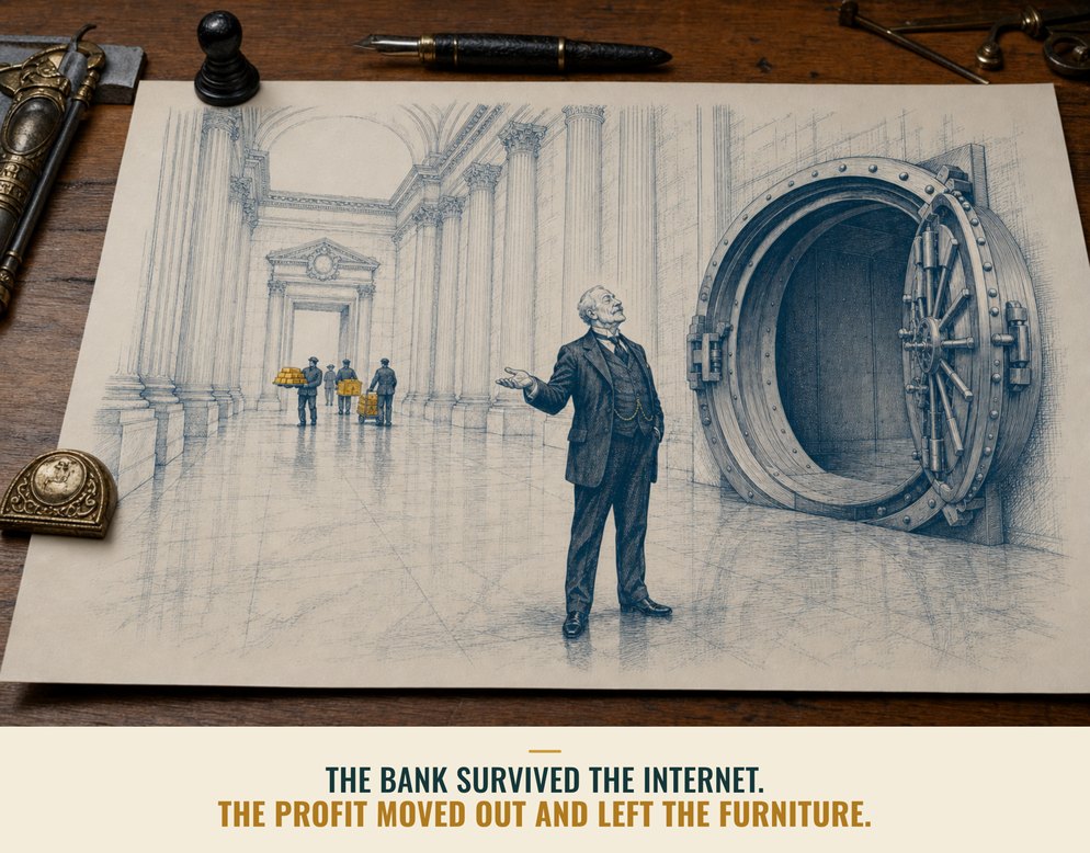 Illustration: A banker in a three-piece suit standing with open arms beside a wide-open empty bank vault while porters carry gold bars out through the columned hall, captioned The bank survived the internet. The profit moved out and left the furniture.