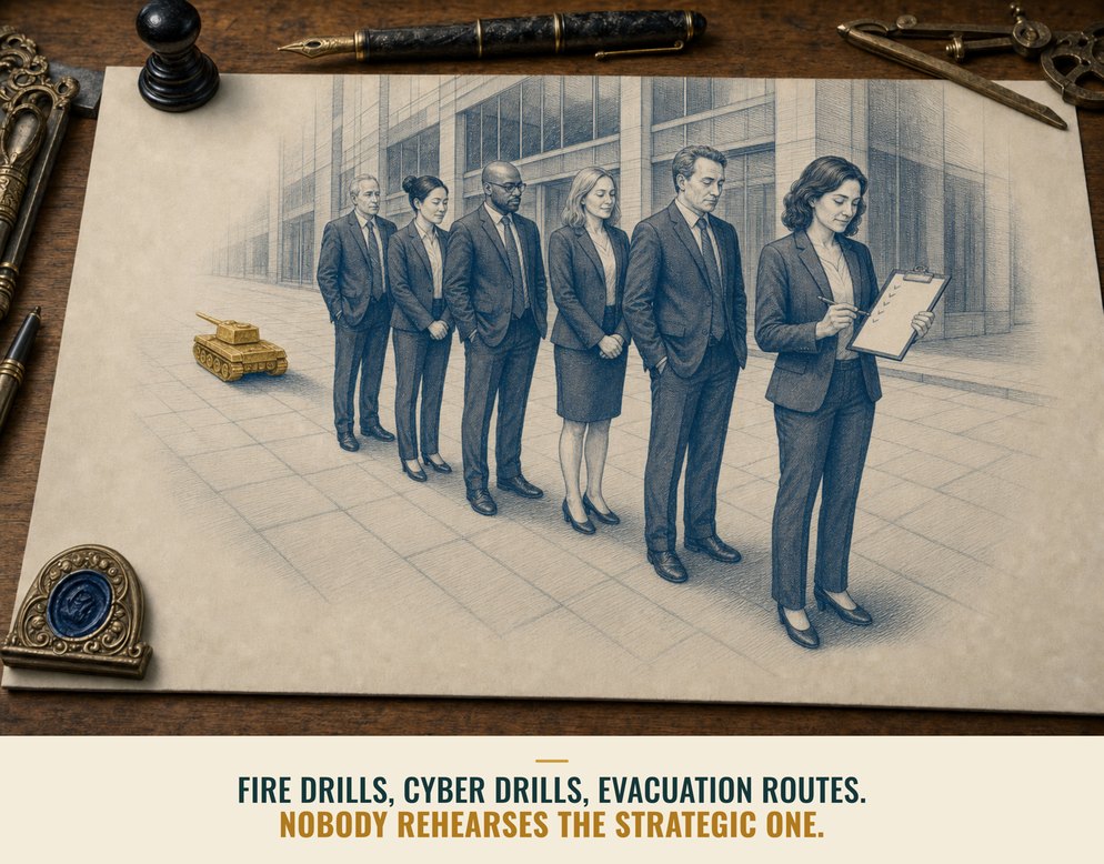 Illustration: Six executives in suits lined up on the pavement outside an office block for a drill while a small gold tank rolls up behind them unnoticed, captioned Fire drills, cyber drills, evacuation routes. Nobody rehearses the strategic one.