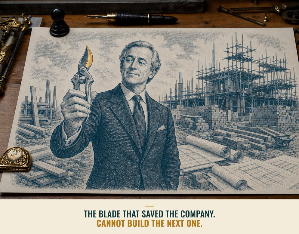 Illustration: An executive in a suit holding up a pair of gold-bladed pruning shears in front of a half-built construction site, captioned The blade that saved the company. Cannot build the next one.