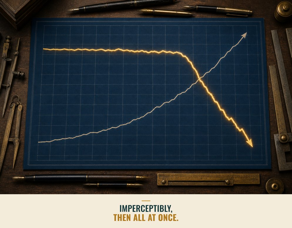 Infographic titled Imperceptibly, then all at once: a blueprint grid on a drafting desk where a flat gold line suddenly plunges downward as a pale rising line crosses it on the way up.